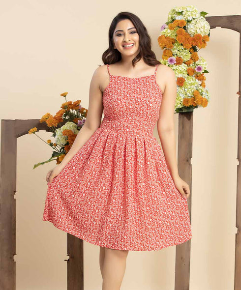 Red Halter Neck Strappy Printed Dress